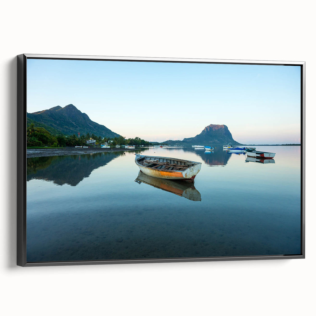 Black and white vintage poster art of a Caribbean landscape on framed canvas, ideal for bedroom wall decor.