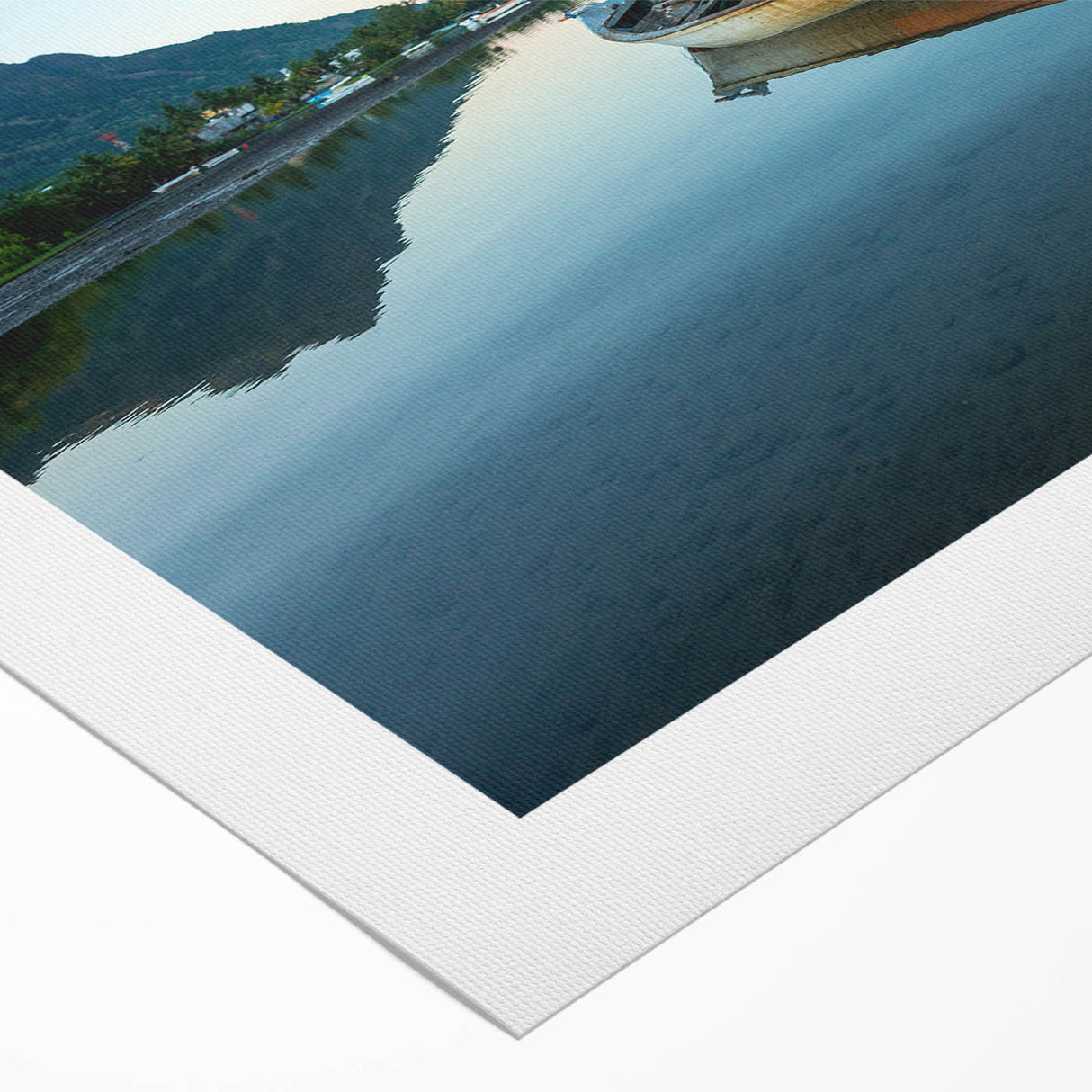 Art deco poster featuring a serene Caribbean landscape in muted watercolor tones on rolled canvas.