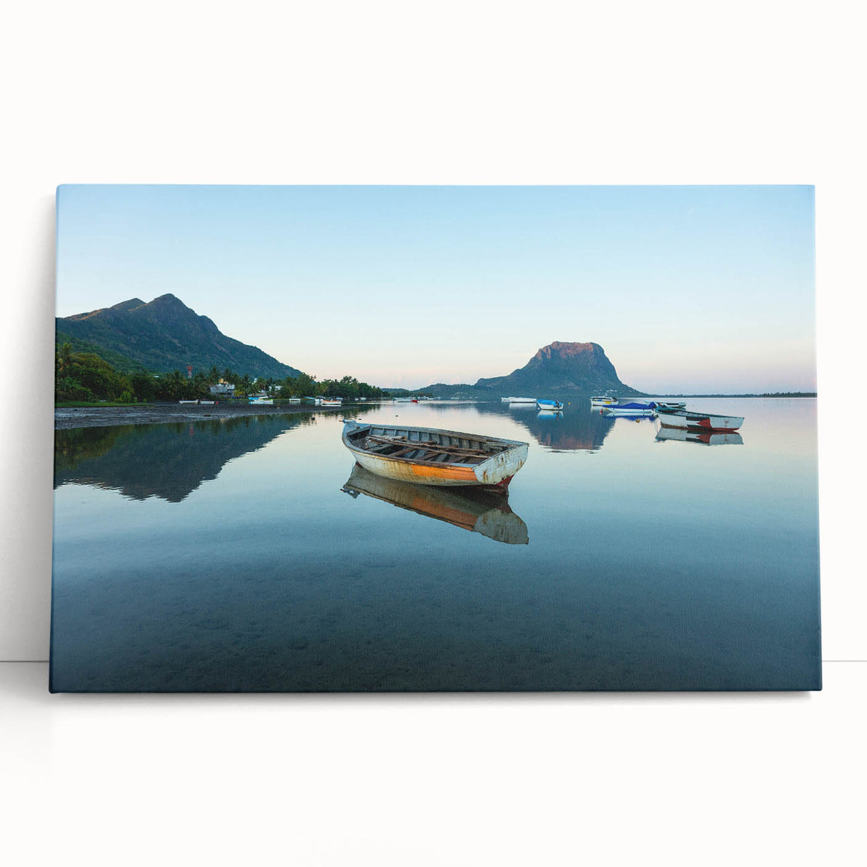 Large black and white stretched canvas of a scenic Caribbean coastline, ideal for kitchen wall art.