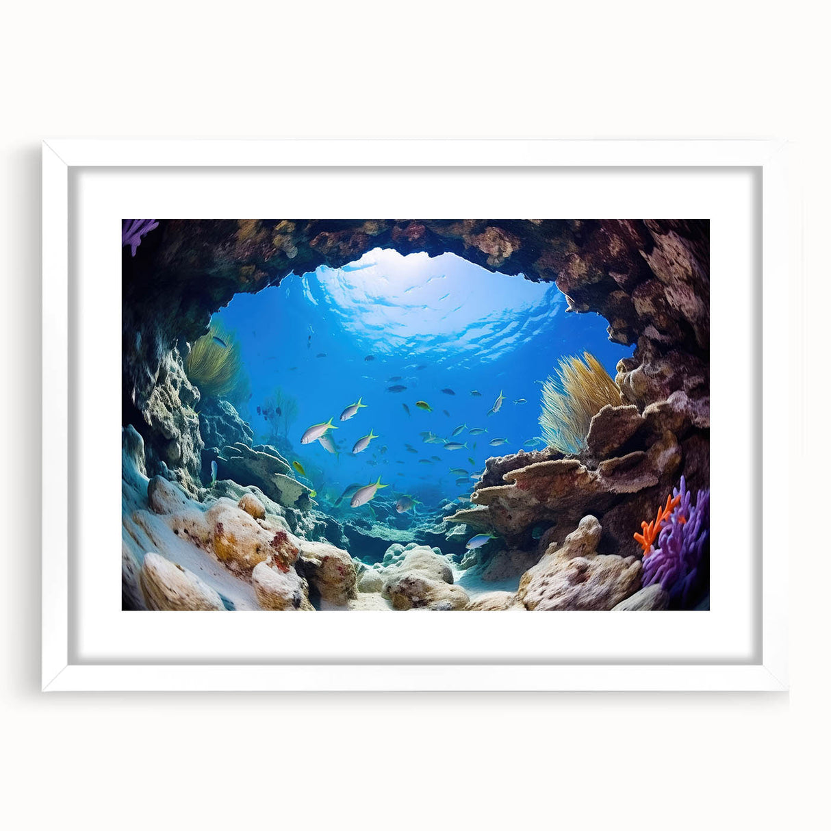 Abstract art print depicting a vibrant, colorful Belize scenery in a white frame, ideal for dining room decor.