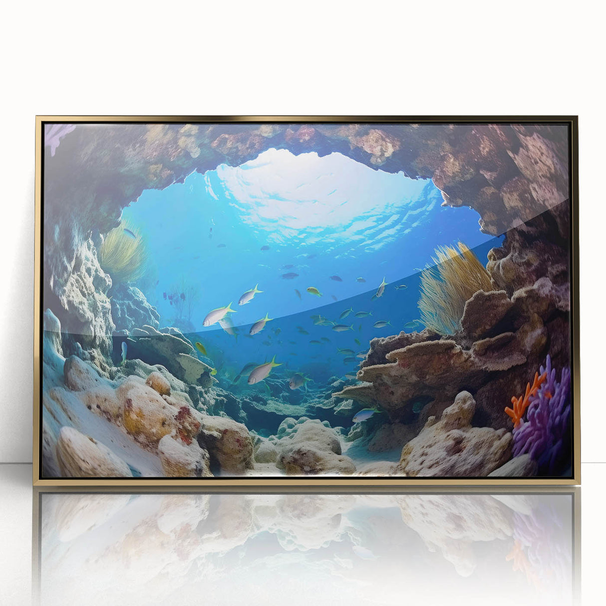 Mid-century modernist art of a Belizean landscape in warm earth tones on a framed acrylic, ideal for modern art wall decor.