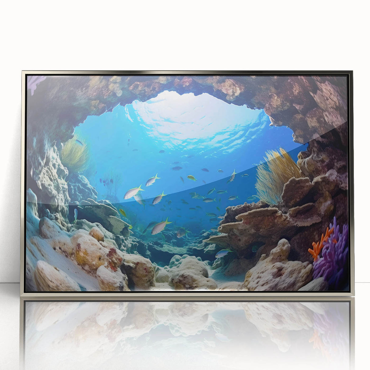 Mid-century modernist art of a Central American landscape in muted earth tones on silver-framed acrylic.