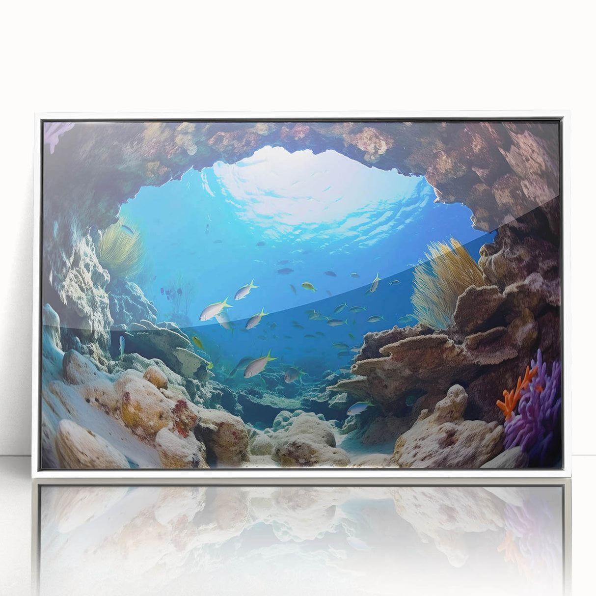 Art deco poster of a Central American scenery in Belize, framed in white acrylic, suitable for modern nursery wall art.