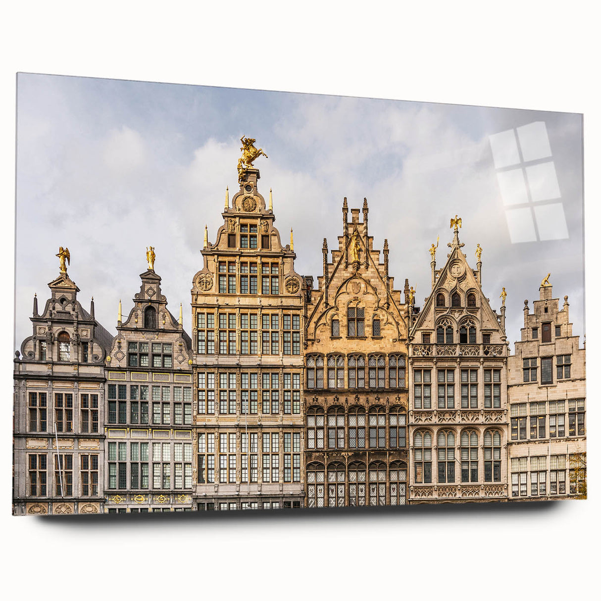 Large abstract wall art of a European scenery in muted earth tones, printed on acrylic glass.