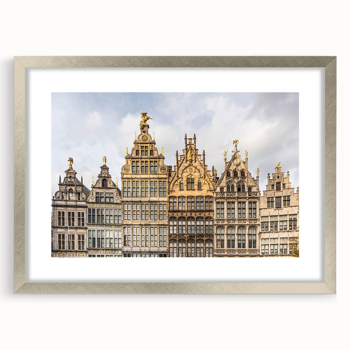 Extra large abstract art print of a textured European scenery in muted earth tones, framed in silver.