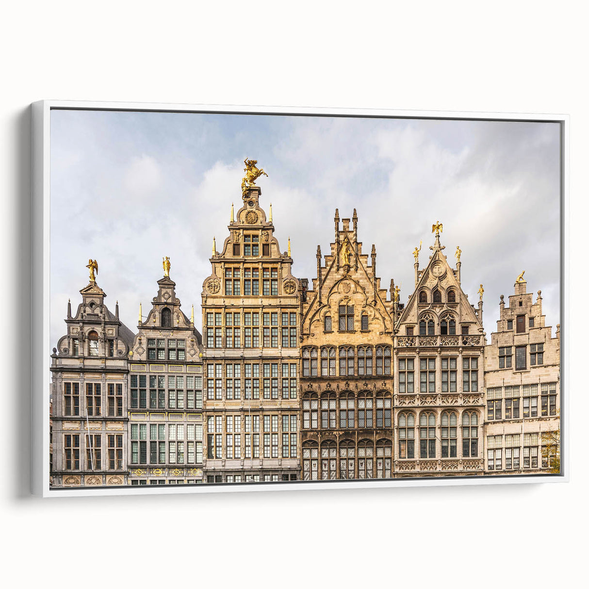 Vintage poster art of a colorful European scenery on a large framed canvas, ideal for living room decor.