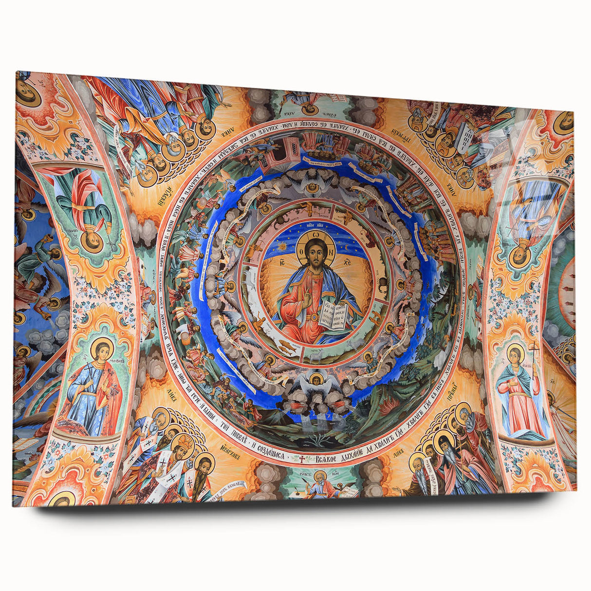 Large abstract wall art depicting a Bulgarian landscape in muted earth tones on acrylic glass.