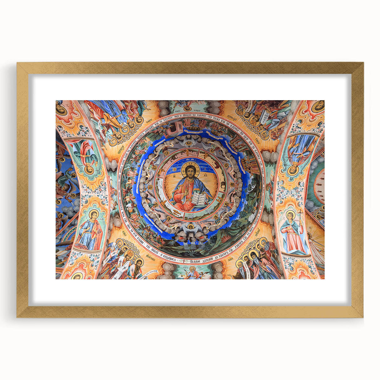 Abstract art print of a European Bulgarian landscape in muted earth tones on a framed canvas, ideal for dining room decor.