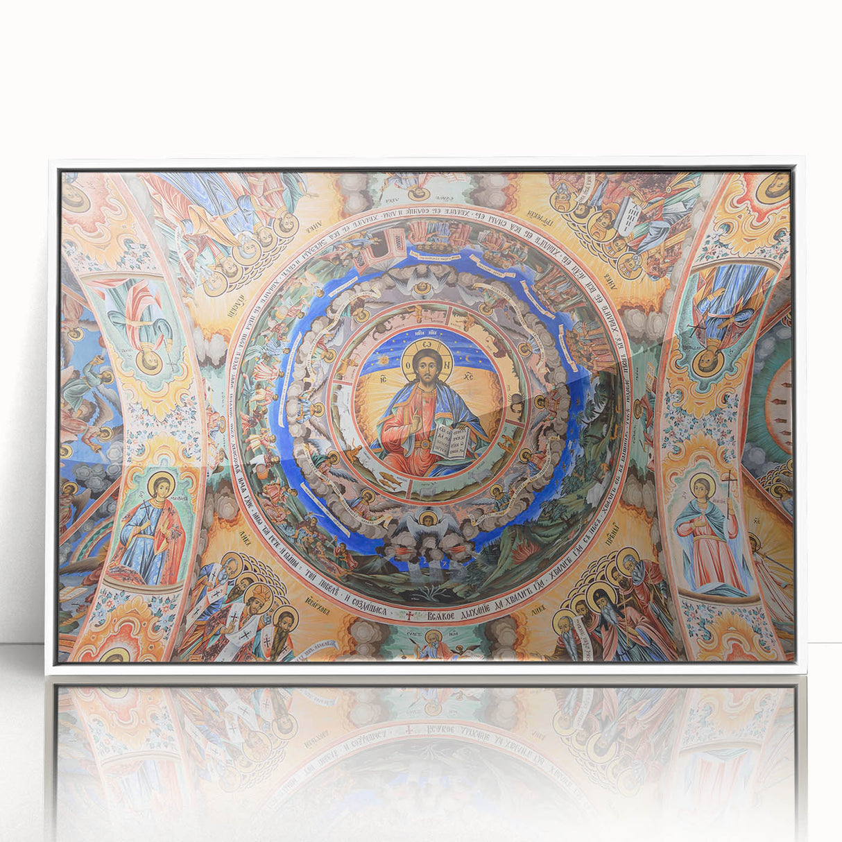 Mid-century modernist art depicting a serene Bulgarian landscape in muted earth tones, framed acrylic.