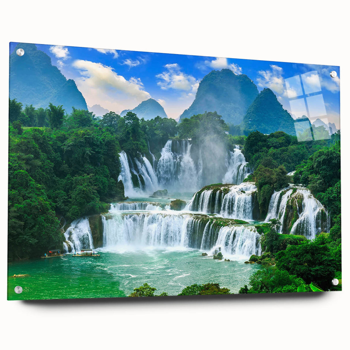 Acrylic print of a Croatian landscape in soft blue and green tones, suitable for dining room decor.