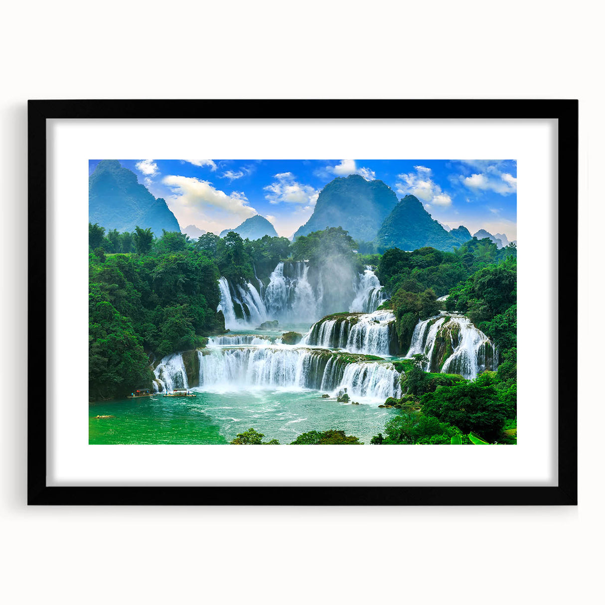 Colorful abstract art print of a European Croatian scenery in a black frame with mat, ideal for extra large living room wall.