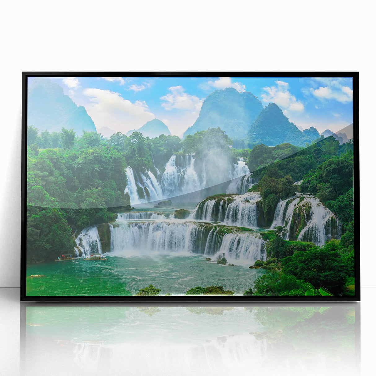 Large abstract wall art depicting a Croatian landscape in muted earth tones, framed in black acrylic.