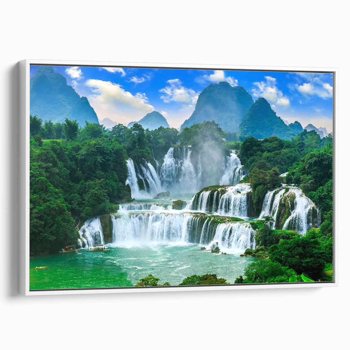 Vintage poster art of a scenic European landscape, featuring vibrant colors on a large framed canvas.