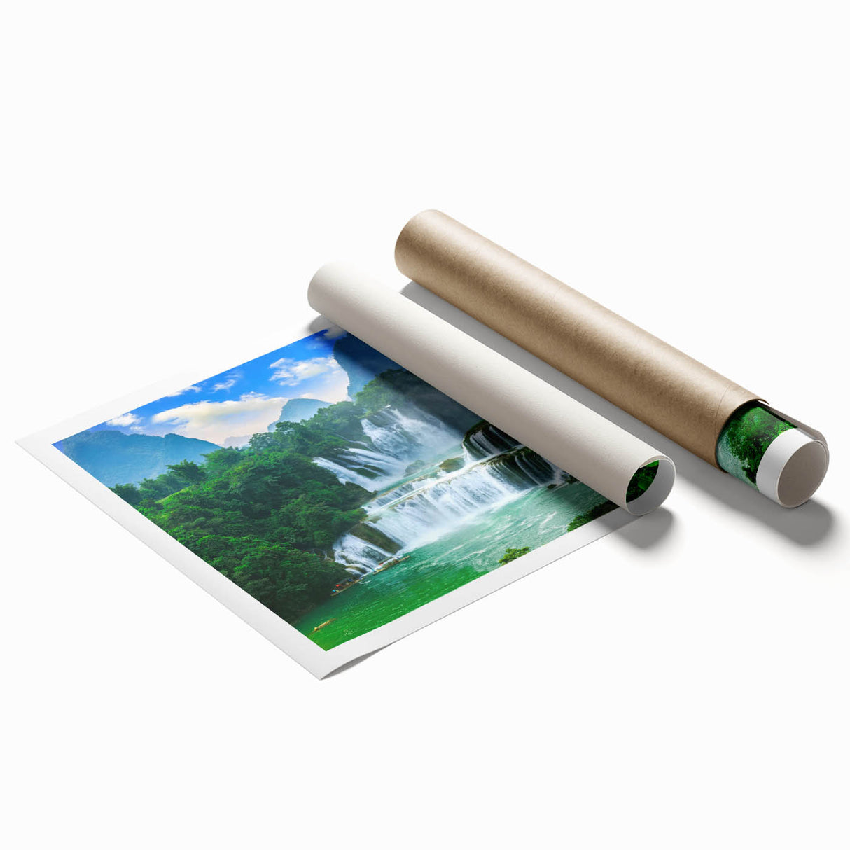 Extra large rolled print depicting a scenic Croatian landscape with vibrant green and blue tones.