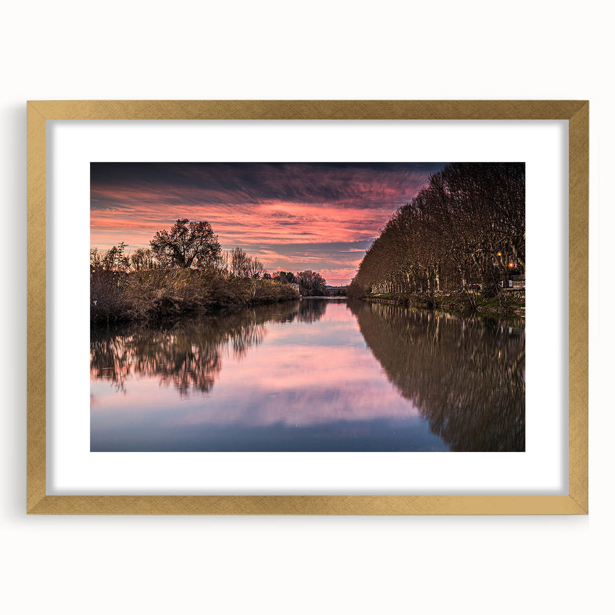 Abstract art print of a southern France landscape in muted earth tones, framed in gold, suitable for dining room decor.