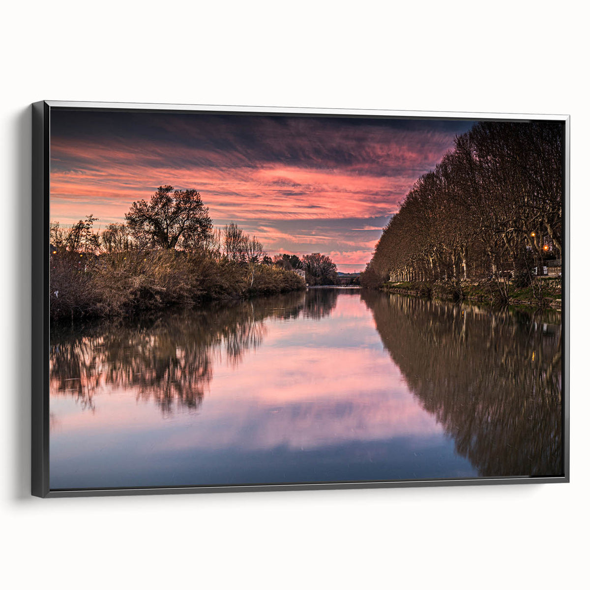 Black and white vintage poster art of a French landscape on framed canvas, ideal for bedroom wall decor.