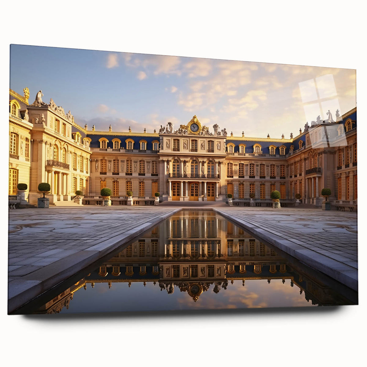Acrylic print of the Versailles gardens in muted green and blue tones, suitable for bedroom or dining room art.