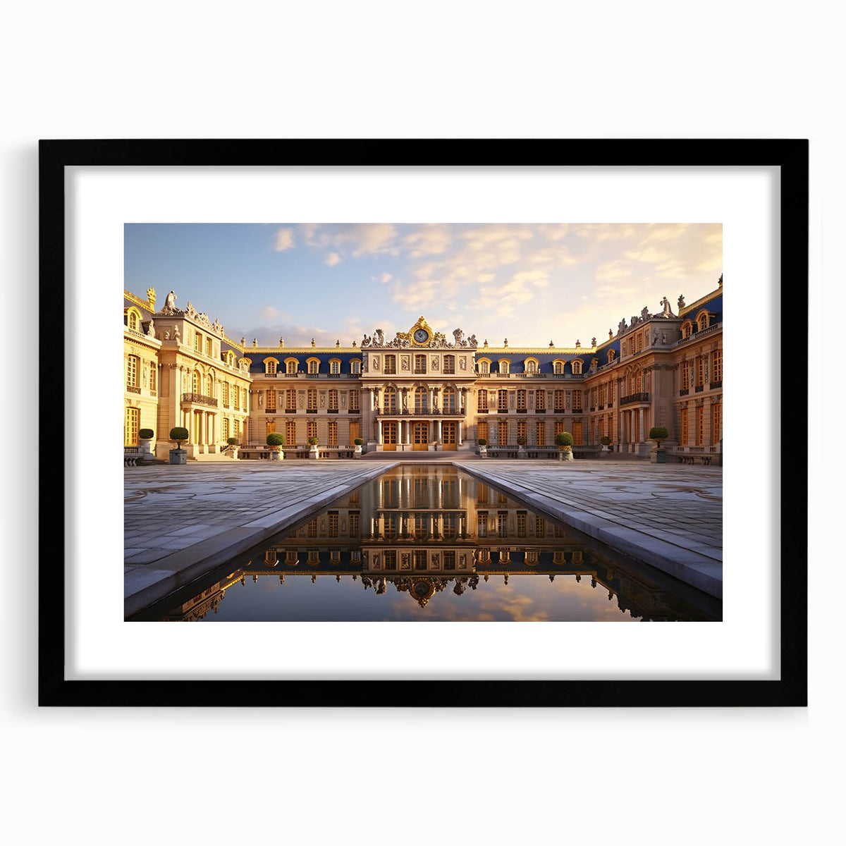 Extra large abstract art print of Versailles scenery in vibrant, colorful hues on a textured canvas, framed in black.