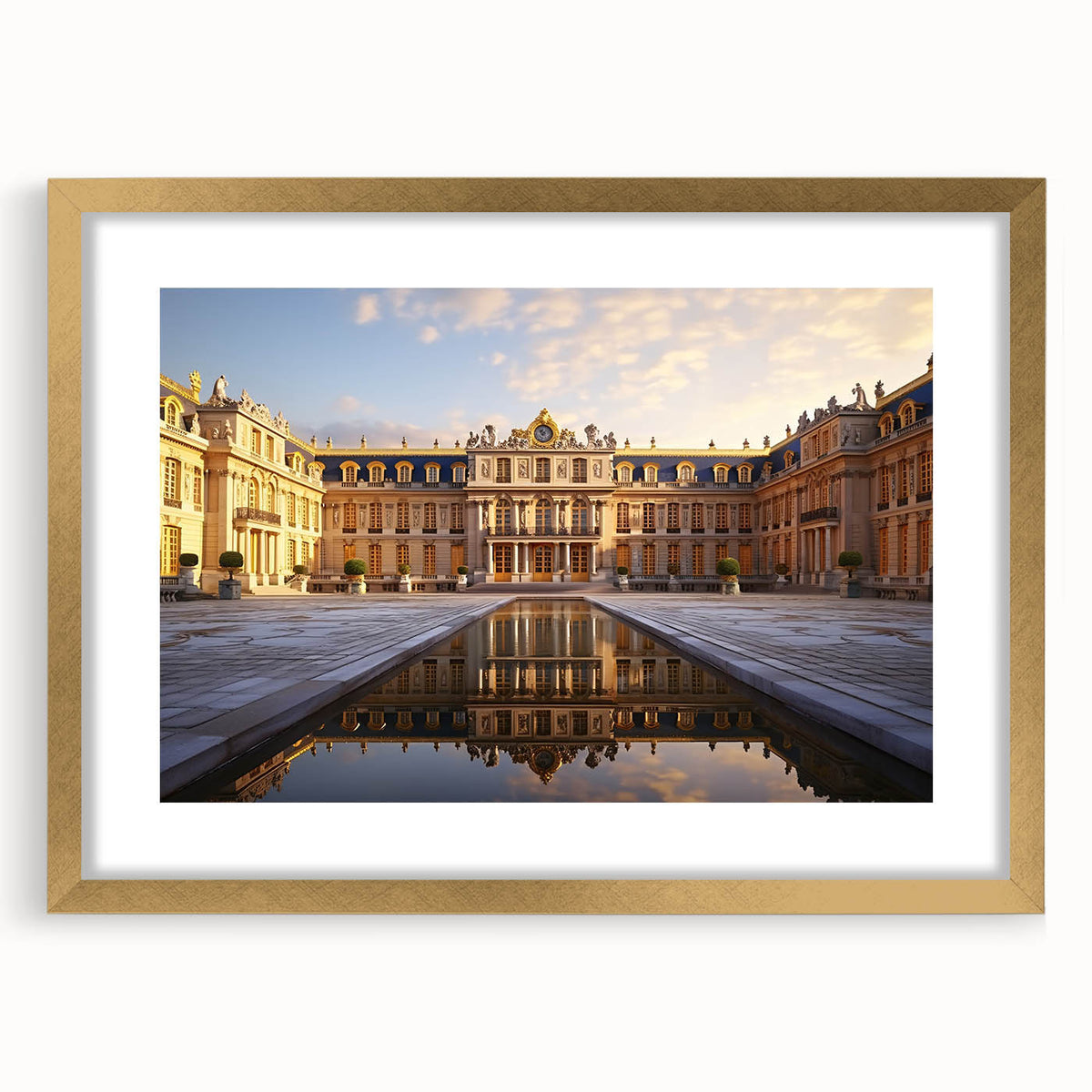 Abstract art print of Versailles scenery in gold frame, ideal for dining room decor.