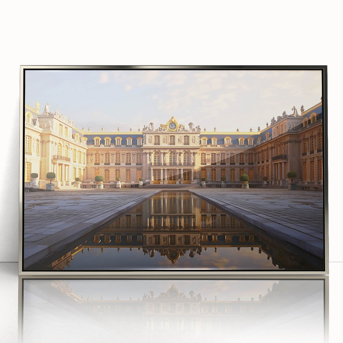 Mid-century modernist acrylic print of Versailles gardens in muted green and blue tones, ideal for modern art wall decor.