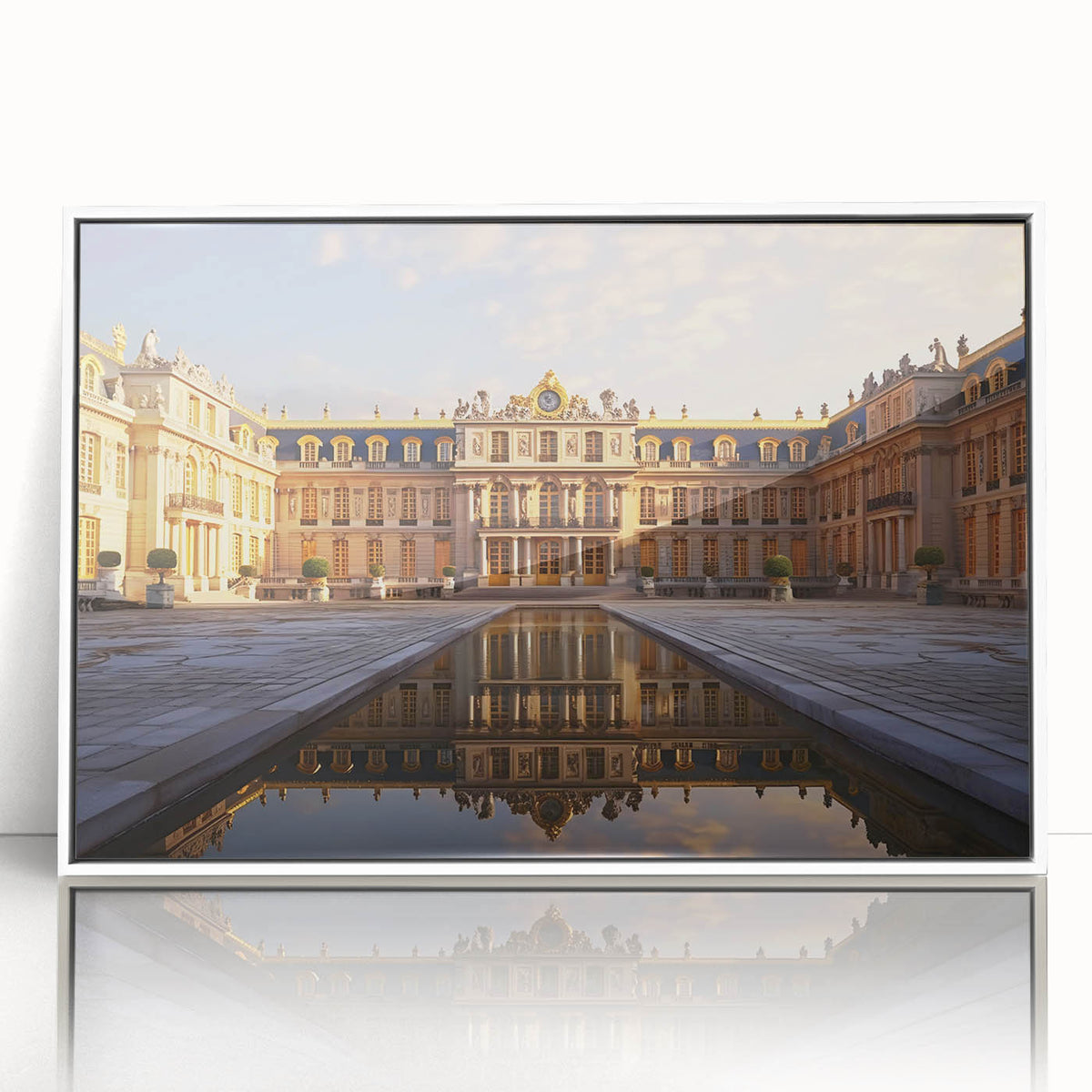 Mid-century modernist art depicting the Versailles scenery in muted tones on a framed acrylic, ideal for nursery wall art.