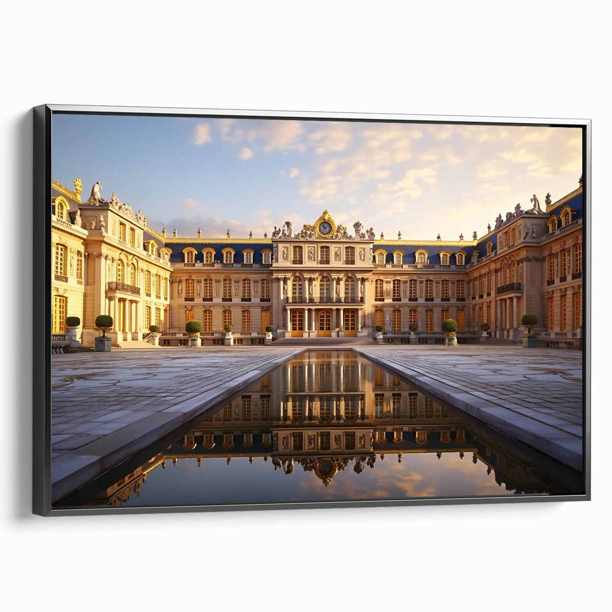 Black and white framed canvas depicting the Versailles landscape, suitable for bedroom wall art in a vintage poster style.