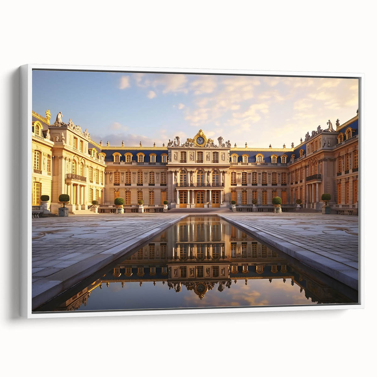 Vintage poster art of Versailles scenery, colorful art on extra large framed canvas, ideal for living room decor.