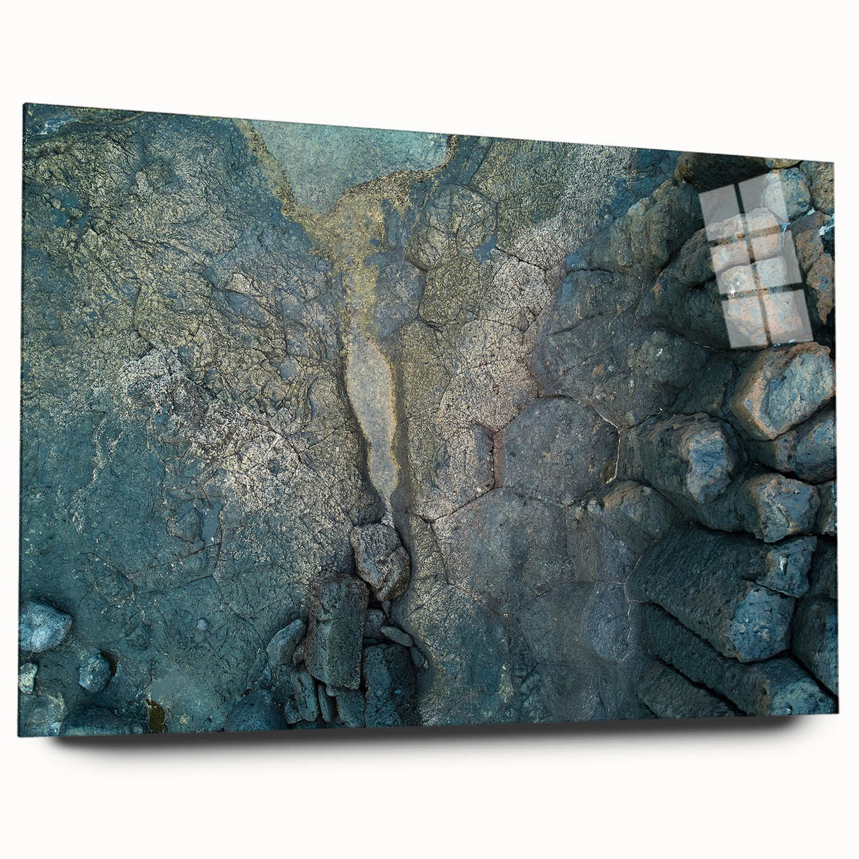 Large abstract depiction of a European scenery in muted pastel tones on acrylic glass.