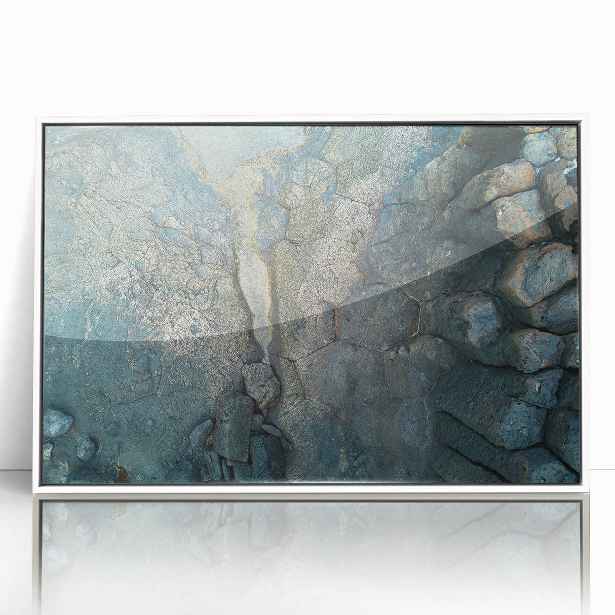 Mid-century modernist art depicting a European scenery in muted earth tones on a framed acrylic.