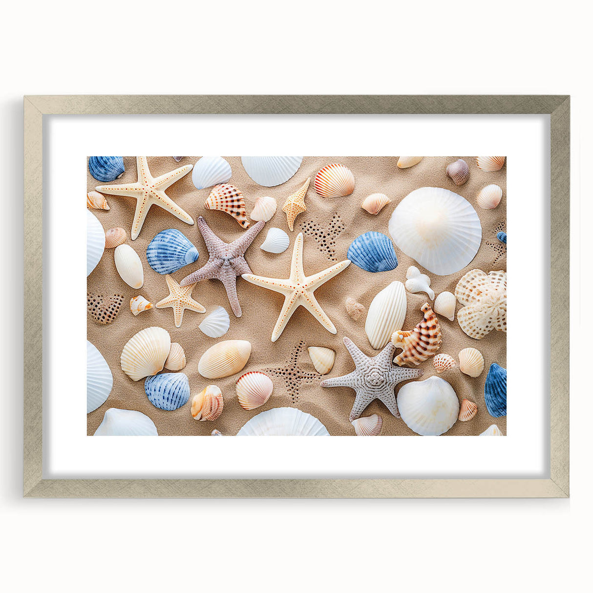 Textured abstract art print of Cancun scenery in muted blue and green hues, framed in silver, ideal for bedroom art.