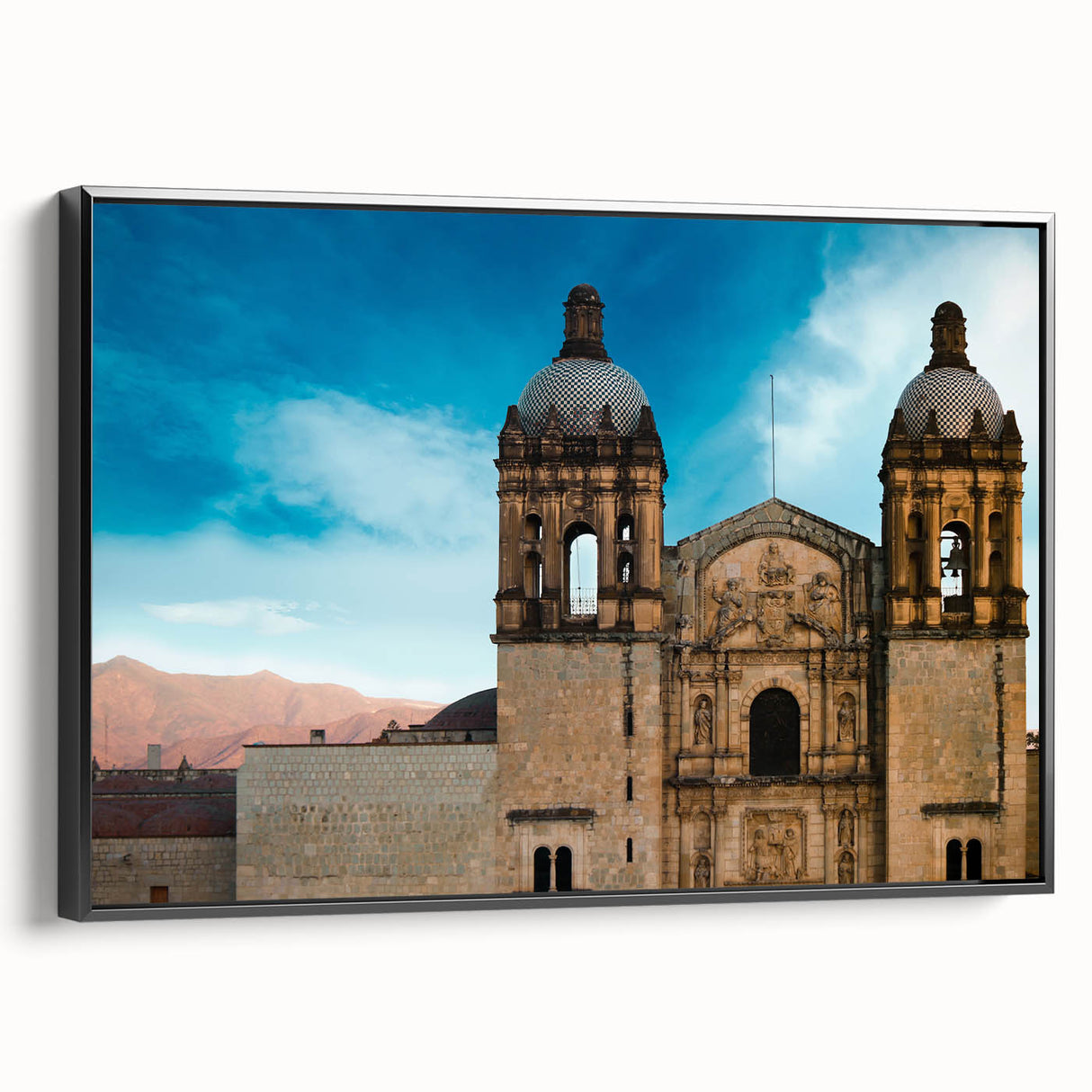 Black and white landscape art of Oaxaca, Mexico on framed canvas, ideal for bedroom decor.