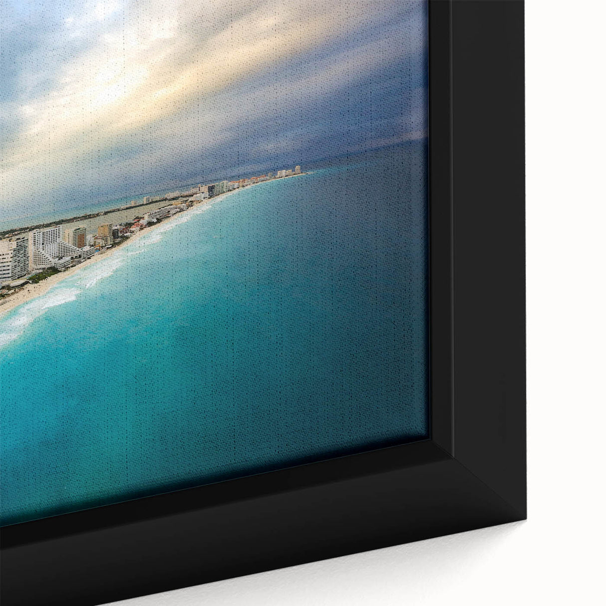 Extra large framed canvas featuring a textured depiction of Quintana Roo scenery in black with colorful accents.