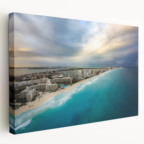 Large art print of Quintana Roo scenery on stretched canvas, featuring vibrant ocean and sky tones.