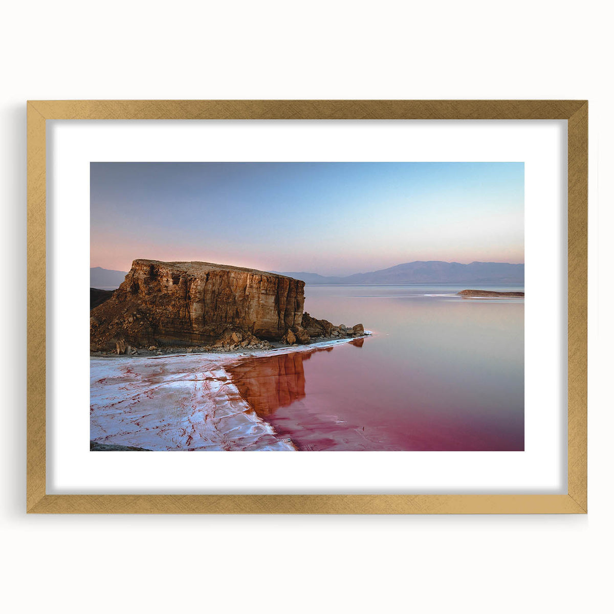 Extra large abstract art print featuring textured scenery of Middle Eastern Iran in muted gold tones, framed with mat.