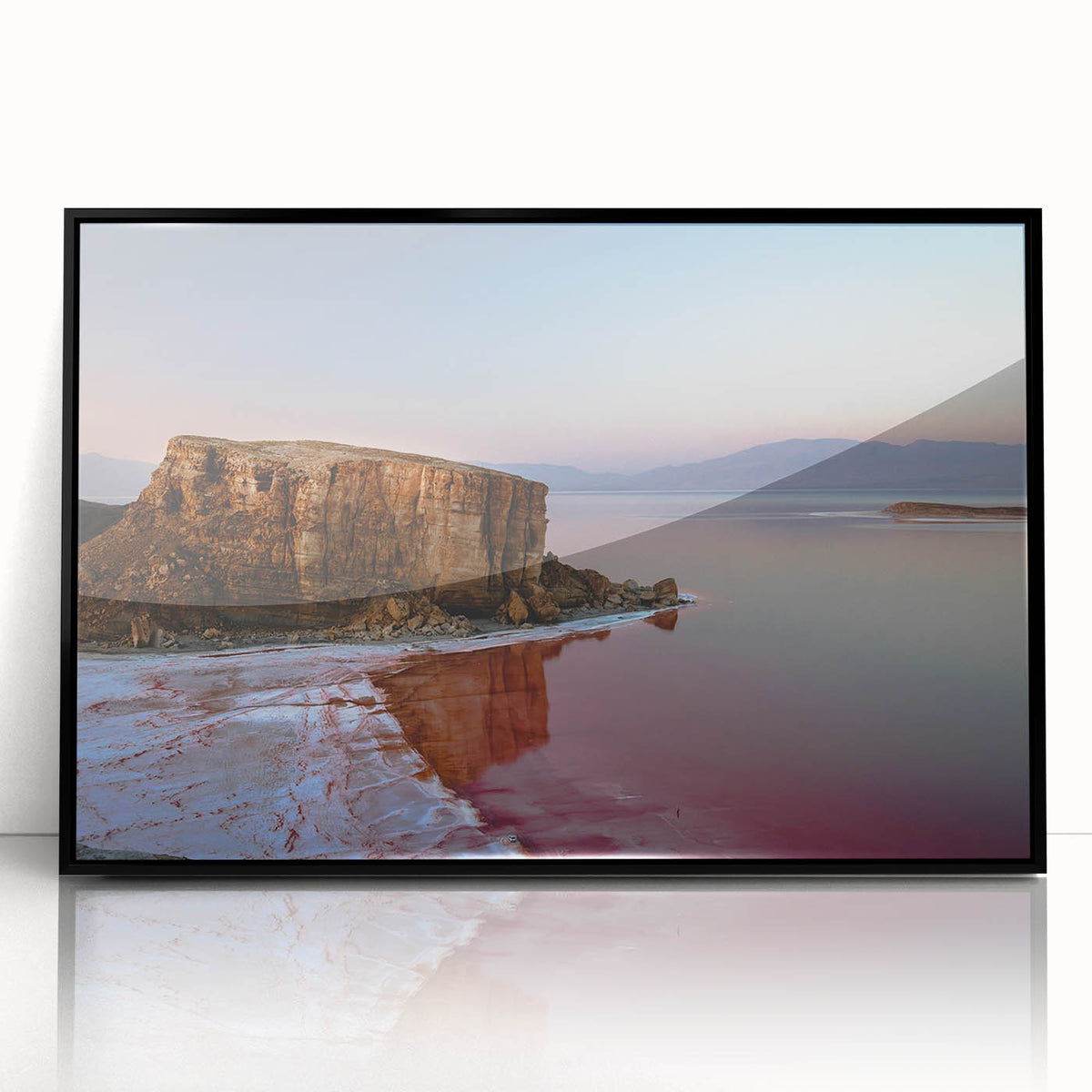 Large abstract wall art depicting a Middle Eastern scenery in Iran with muted earth tones on a framed acrylic.