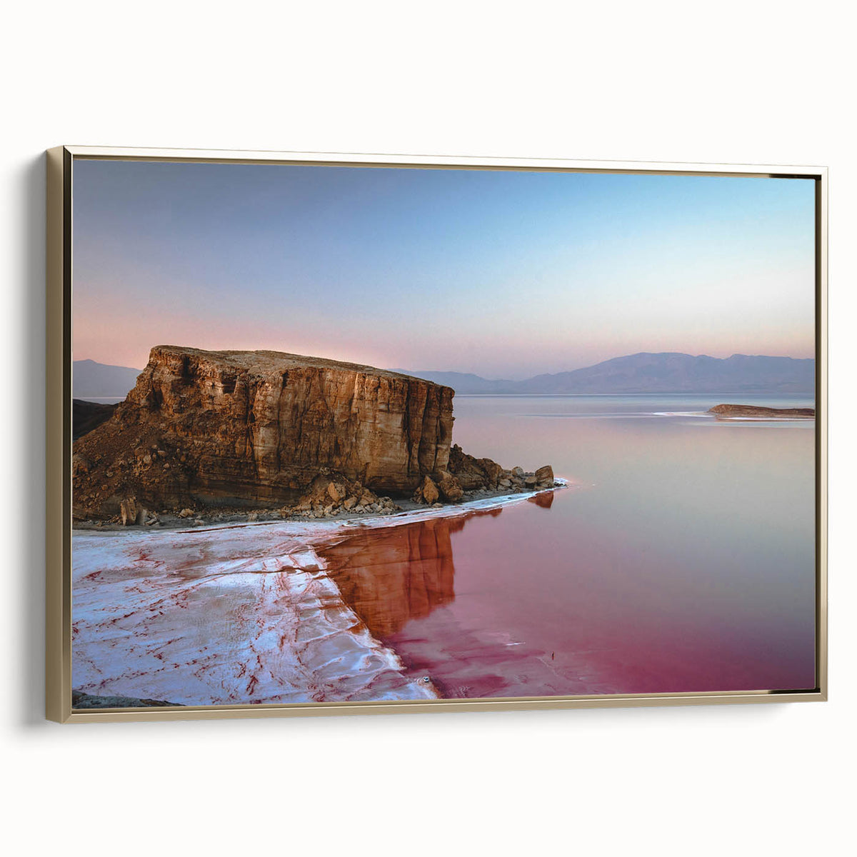 Framed canvas featuring a vintage-style landscape painting of a Middle Eastern scenery in black and gold tones.