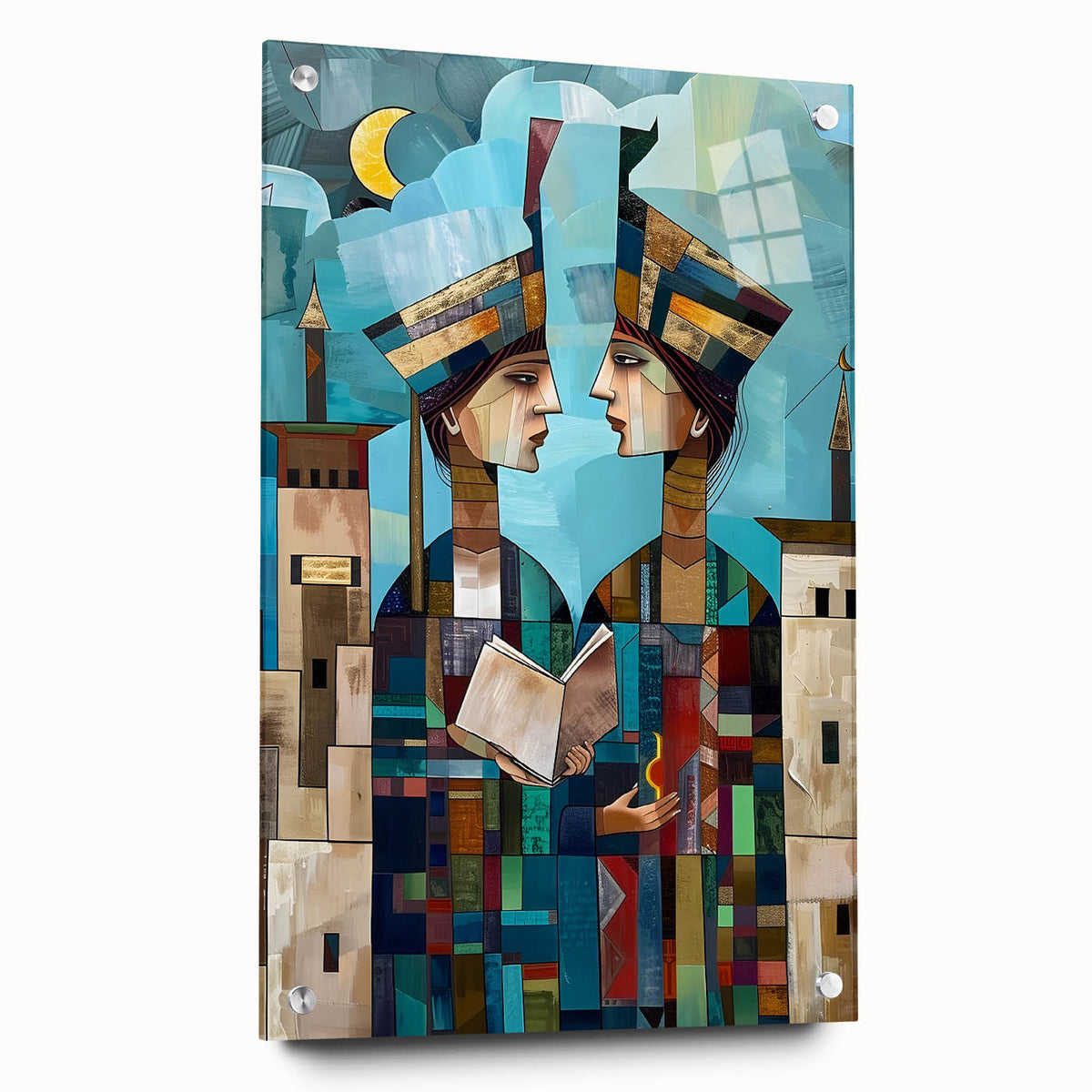 Acrylic print of a large abstract depiction of a Middle Eastern landscape in earth tones.