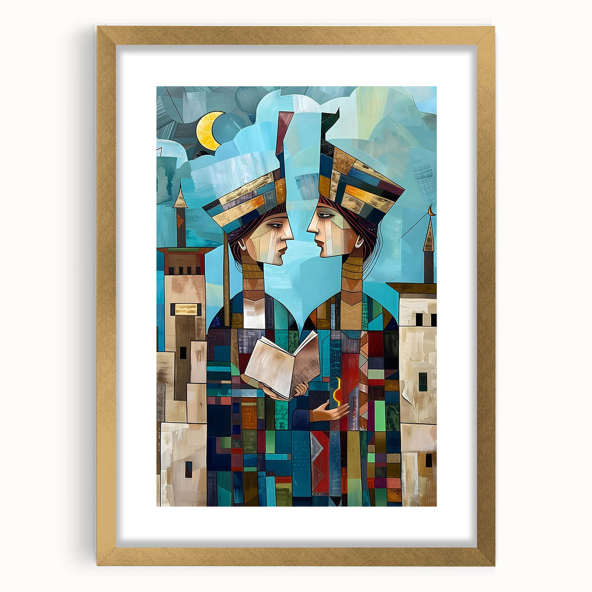 Extra large abstract art print of a Middle Eastern scenery in gold frame, featuring textured brush strokes.
