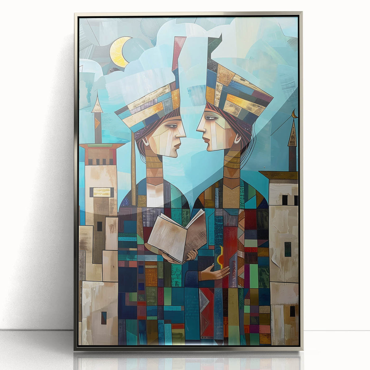 Mid-century modernist art of a Middle Eastern Iraq scenery in muted earth tones on a silver-framed acrylic print.