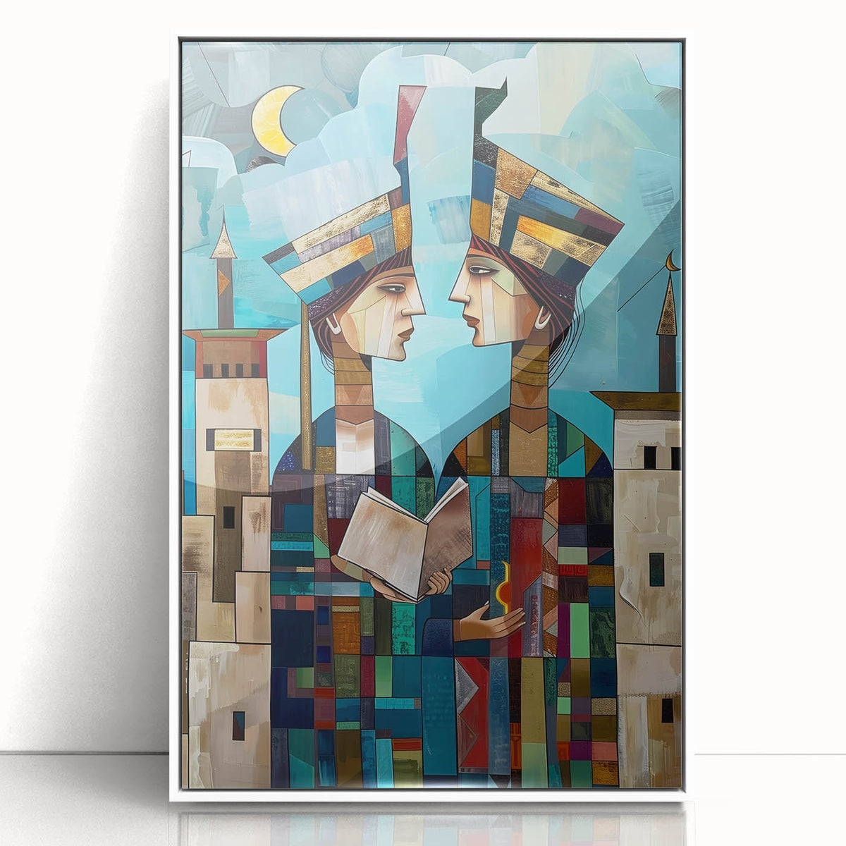 Acrylic print of a Middle Eastern landscape in muted earth tones, framed in white, suitable for modern art wall decor.