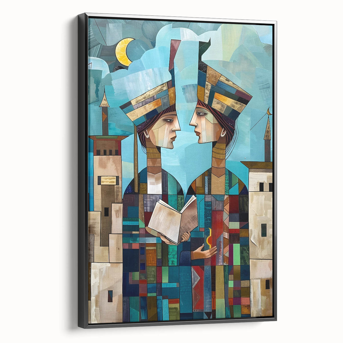 Black and white wall art featuring a vintage poster-style landscape of a Middle Eastern scenery on a framed canvas.