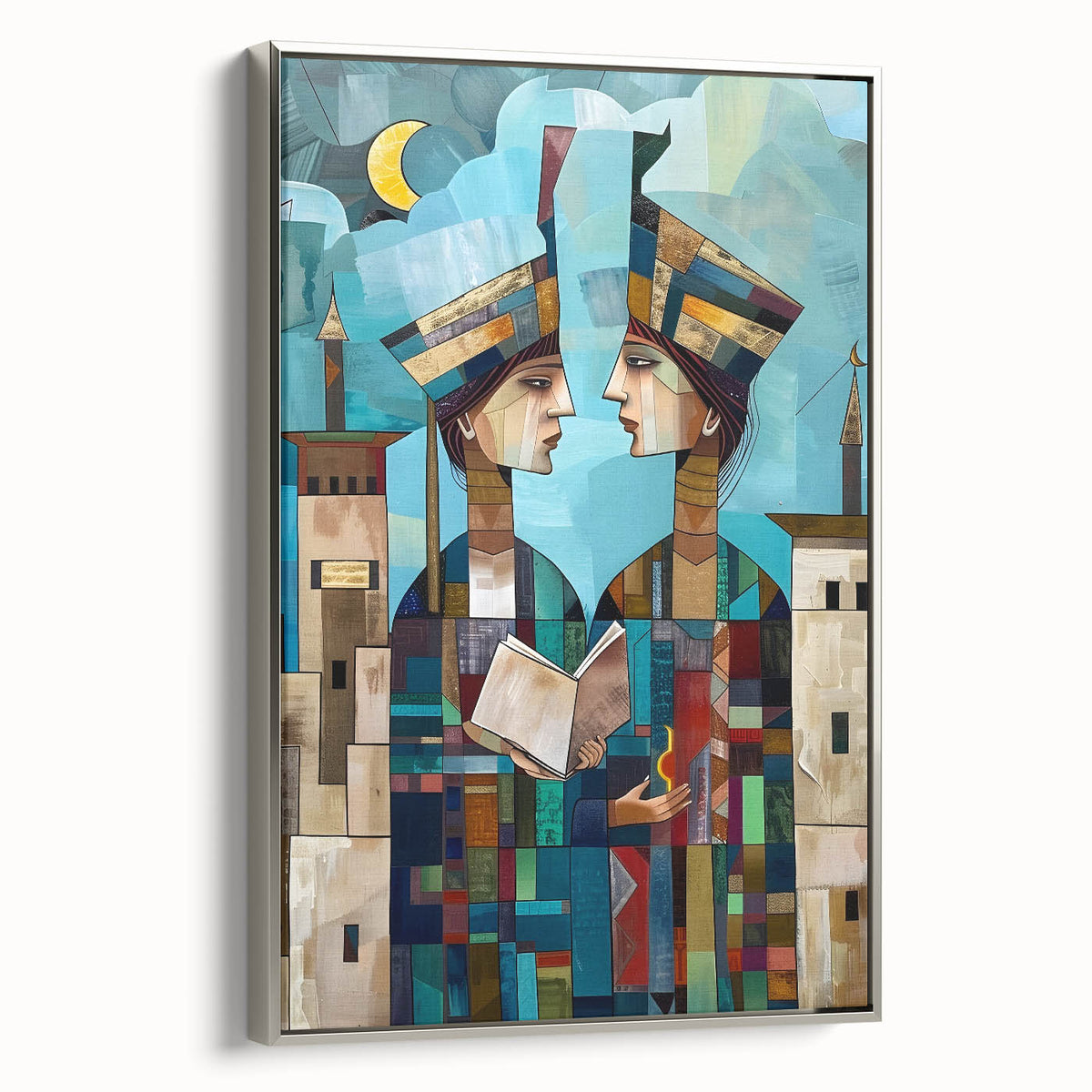 Landscape art painting of a Middle Eastern scenery, rendered in colorful hues on a framed canvas.