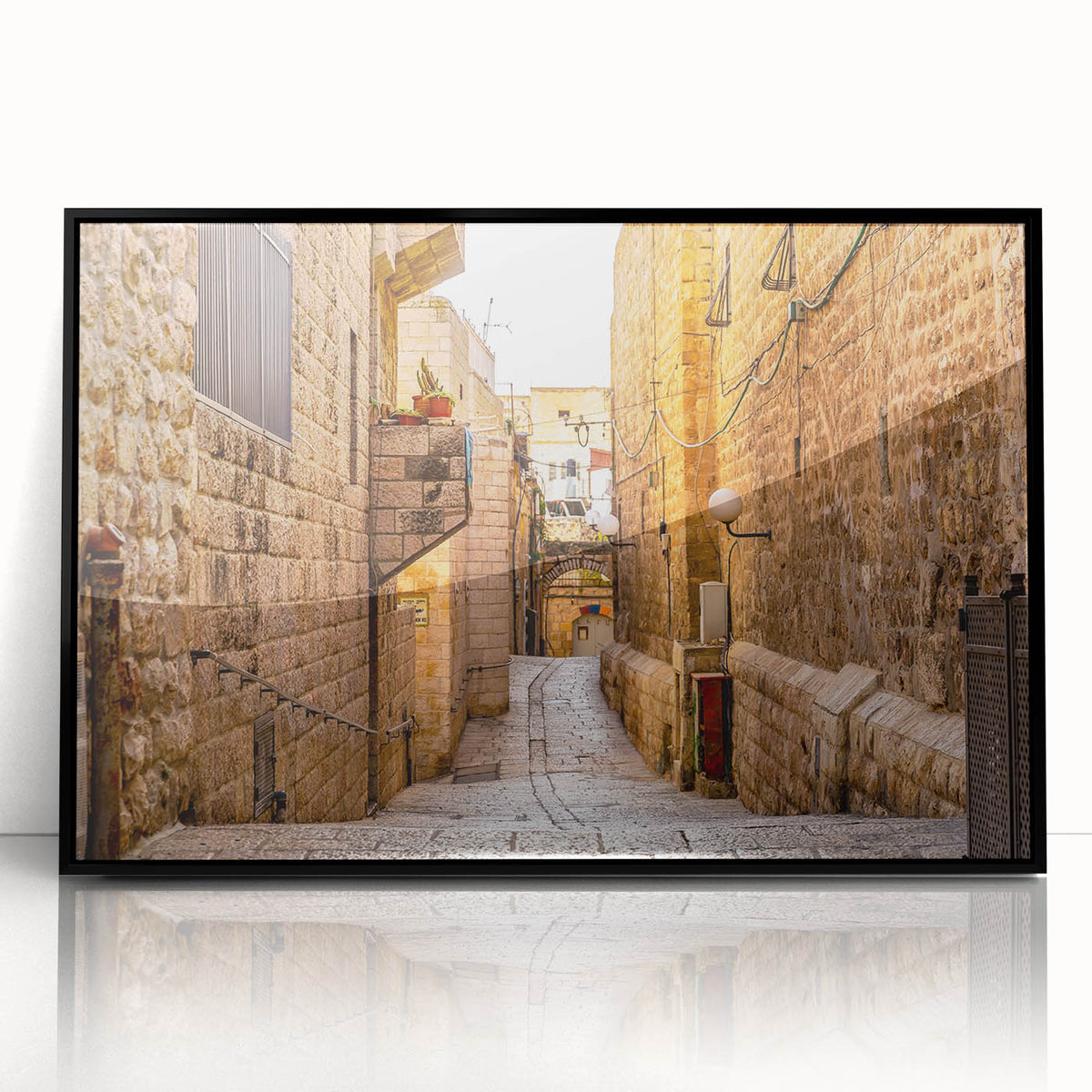 Large abstract wall art depicting Jerusalem skyline in muted grays on framed acrylic, suitable for modern living room decor.