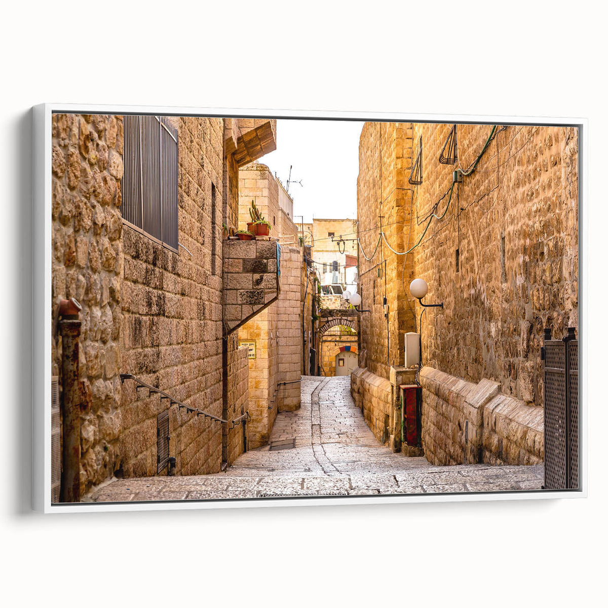 Framed canvas of vintage poster art depicting Jerusalem skyline in colorful hues, ideal for living room decor.