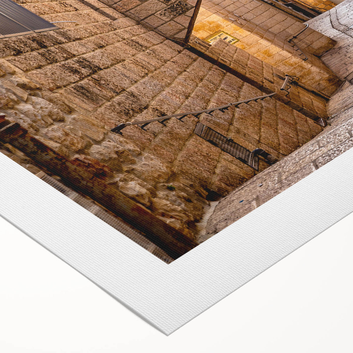 Art Deco poster of Jerusalem skyline in muted gold and blue tones on rolled canvas, suitable for dining room decor.
