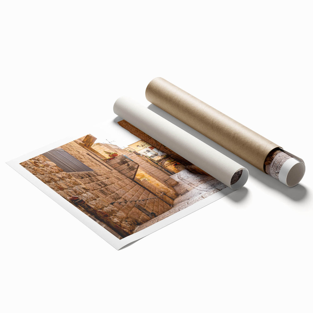 Extra-large rolled print of Jerusalem scenery with muted earth tones, ideal for classy bathroom wall art.