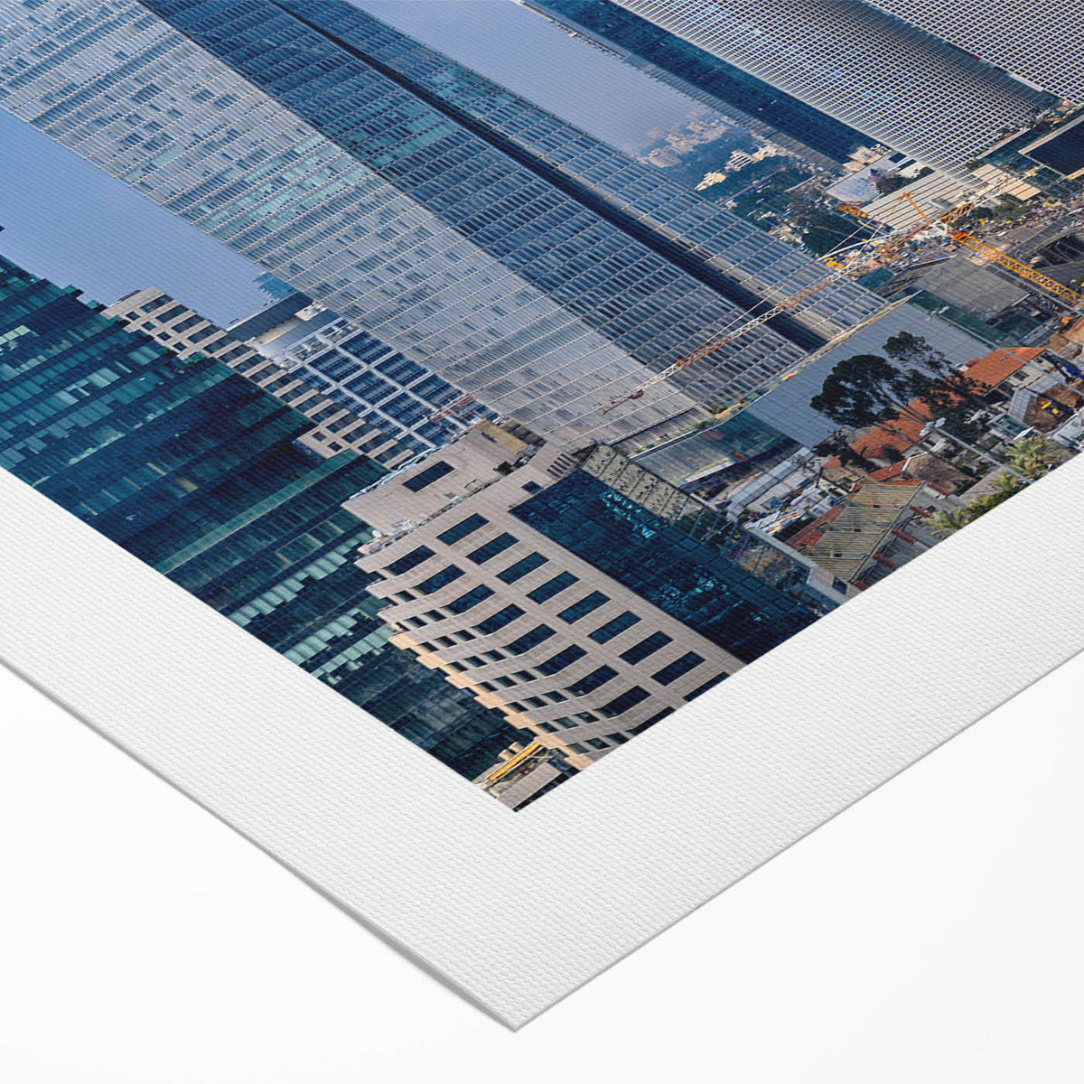 Art deco poster of Tel Aviv skyline in muted pastel shades on rolled canvas, suitable for dining room wall art.