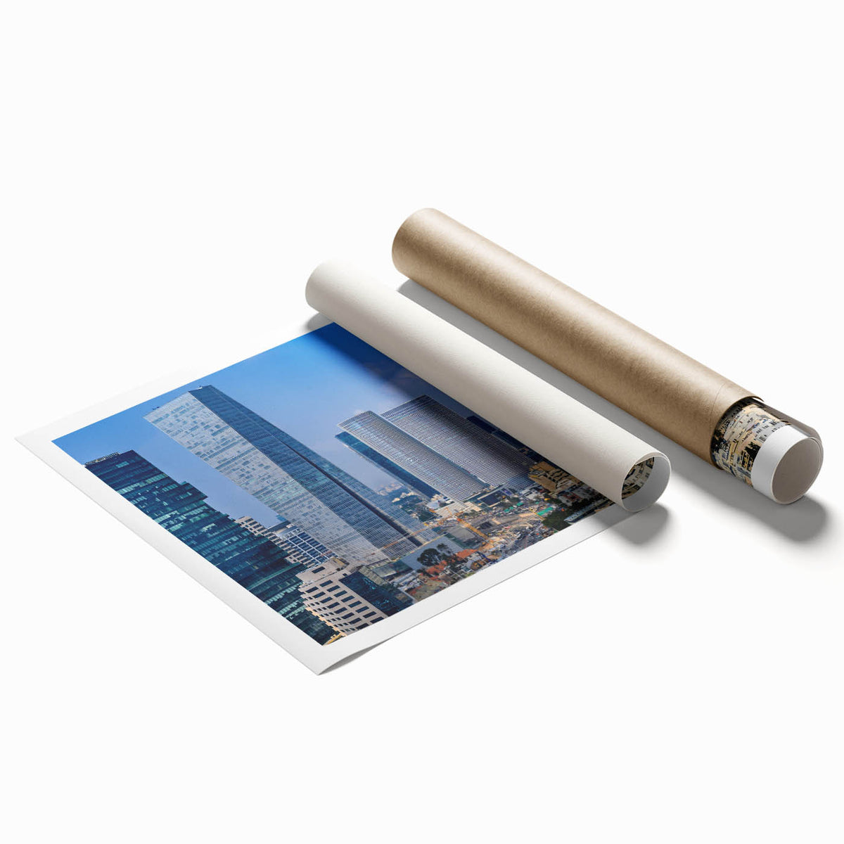 Extra large rolled print of Tel Aviv scenery with floral elements in soft pastel shades, ideal for classy bathroom wall art.