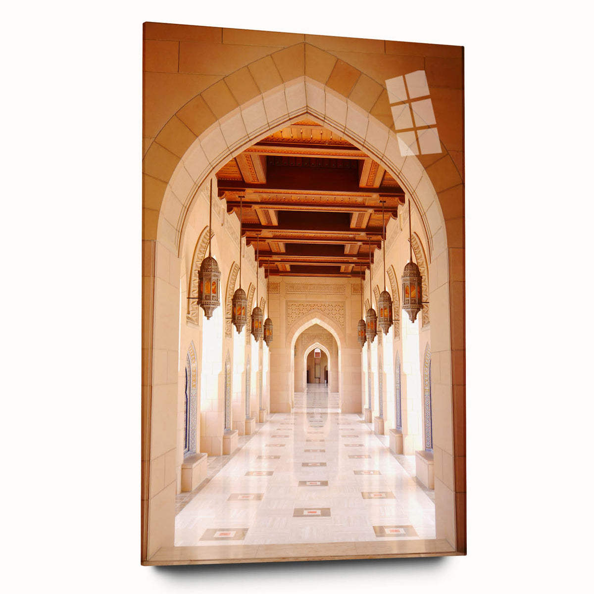 Large abstract wall art depicting a Middle Eastern scenery in muted earth tones on acrylic glass.