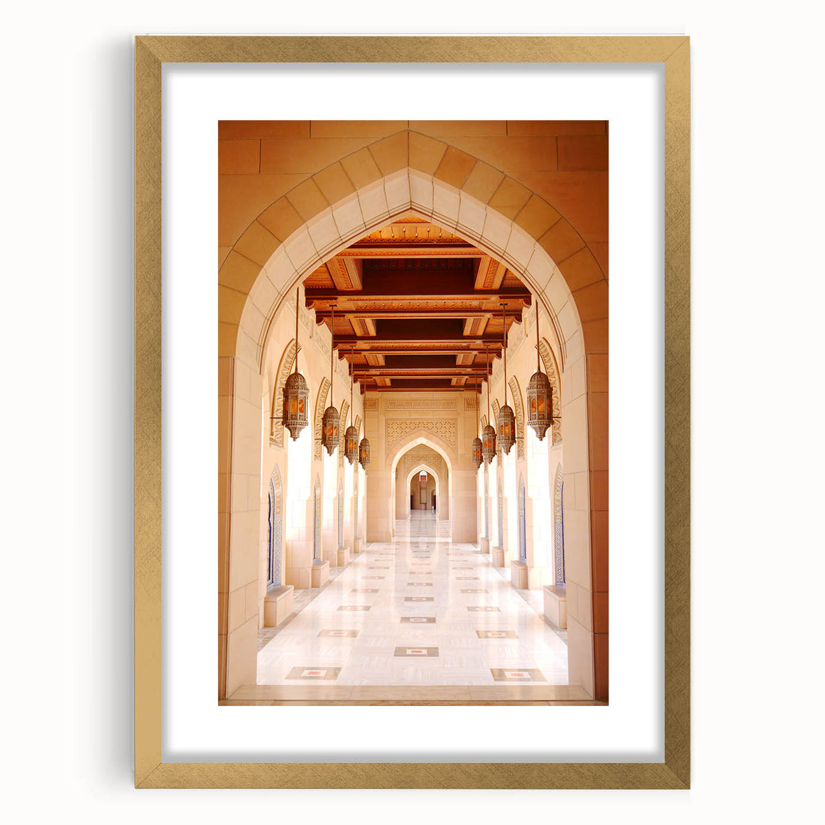 Extra large textured abstract art print of Middle Eastern scenery in a gold frame, ideal for living room decor.